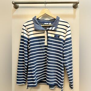 LL Bean Blue & White Striped Chambray Lined Collar Cotton Rugby Pullover Size L